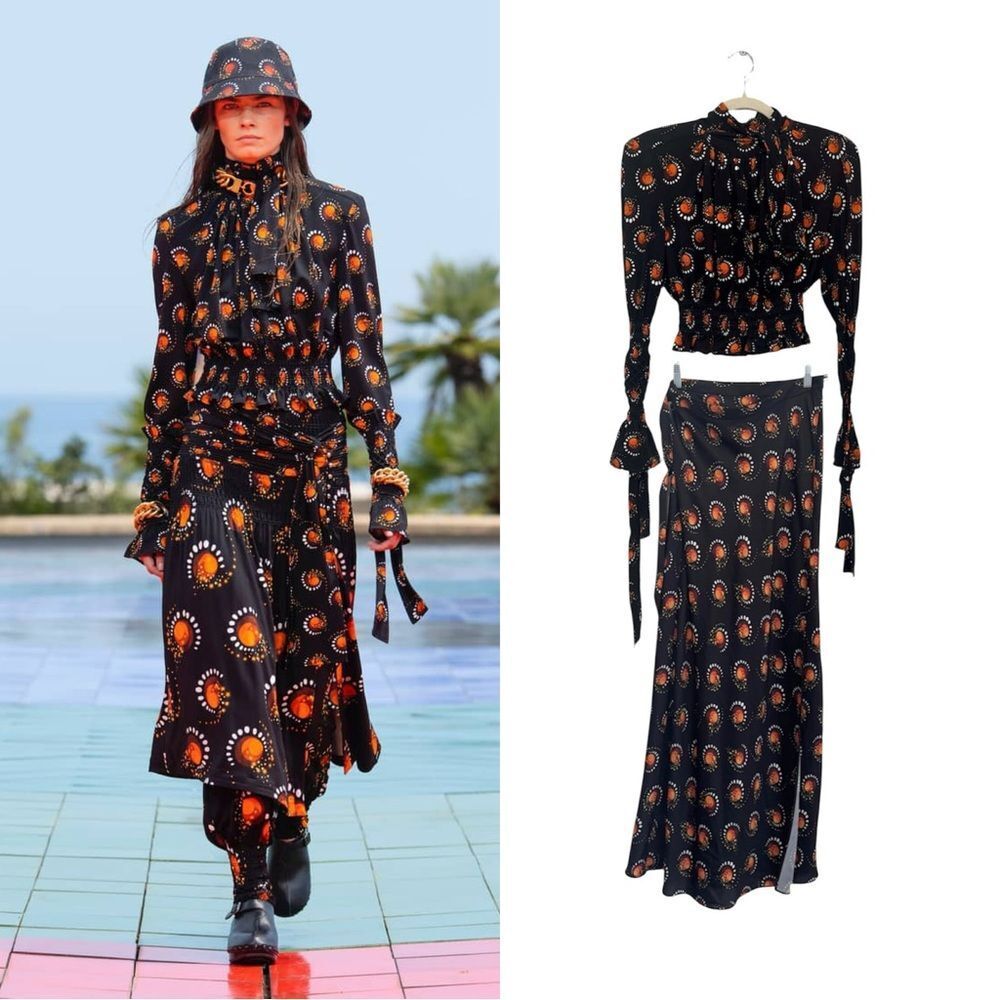 NEW Paco Rabanne Runway motif-print ruffle wrap skirt + top set